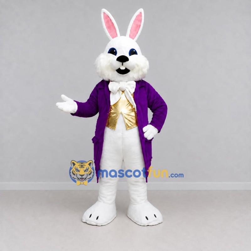 Custom White Purple and Gold Rabbit in Tailcoat Mascot Costume Adult Full Body Suit for Easter Events Custom White Purple and Gold Rabbit in Tailcoat Mascot Costume Adult Full Body Suit for Easter Events
