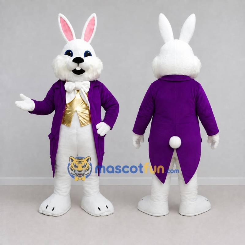 Custom White Purple and Gold Rabbit in Tailcoat Mascot Costume Adult Full Body Suit for Easter Events Custom White Purple and Gold Rabbit in Tailcoat Mascot Costume Adult Full Body Suit for Easter Events