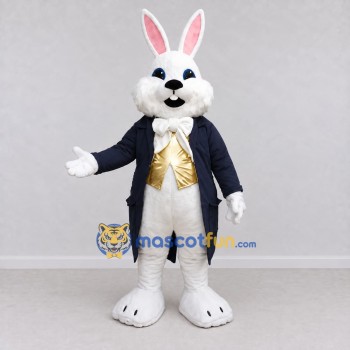 Custom White Navy Blue and Gold Rabbit in Tailcoat Mascot Costume Adult Full Body Suit for Easter Events Custom White Navy Blue and Gold Rabbit in Tailcoat Mascot Costume Adult Full Body Suit for Easter Events