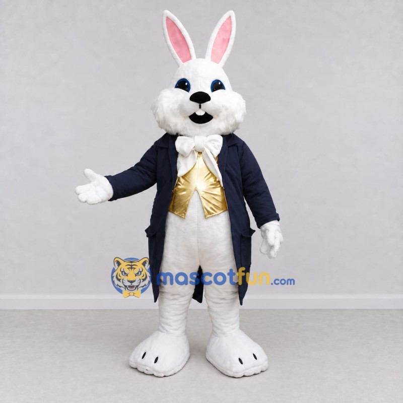Custom White Navy Blue and Gold Rabbit in Tailcoat Mascot Costume Adult Full Body Suit for Easter Events Custom White Navy Blue and Gold Rabbit in Tailcoat Mascot Costume Adult Full Body Suit for Easter Events