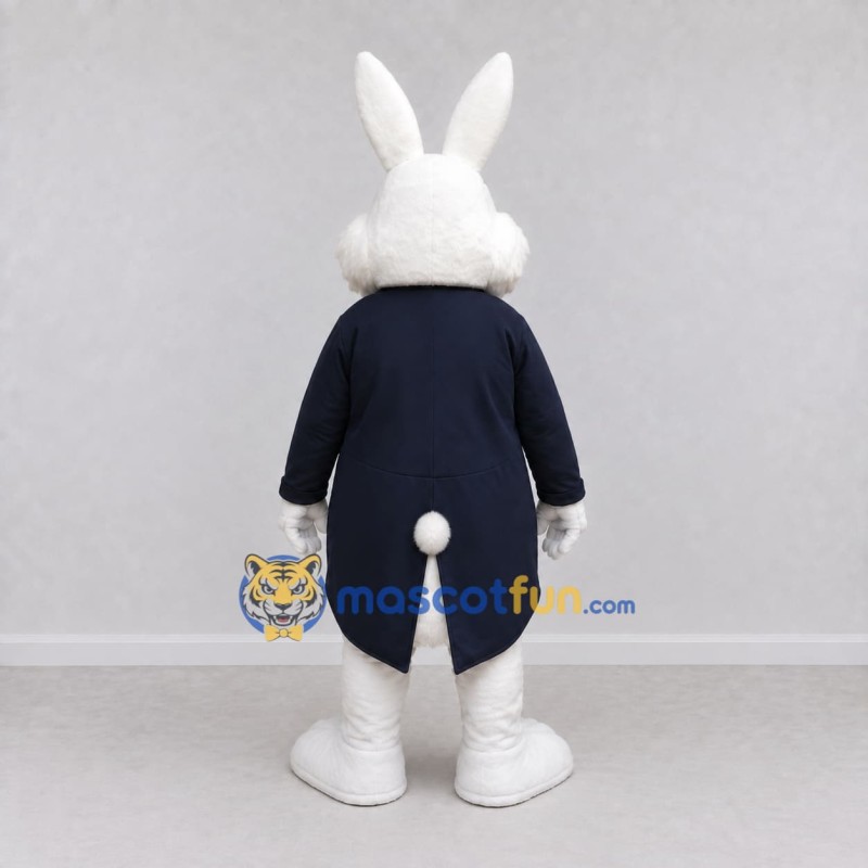 Custom White Navy Blue and Gold Rabbit in Tailcoat Mascot Costume Adult Full Body Suit for Easter Events Custom White Navy Blue and Gold Rabbit in Tailcoat Mascot Costume Adult Full Body Suit for Easter Events