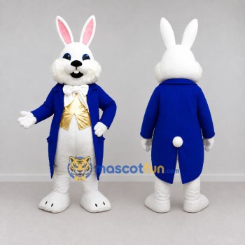 Custom White Blue and Gold Rabbit in Tailcoat Mascot Costume Adult Full Body Suit for Easter Events