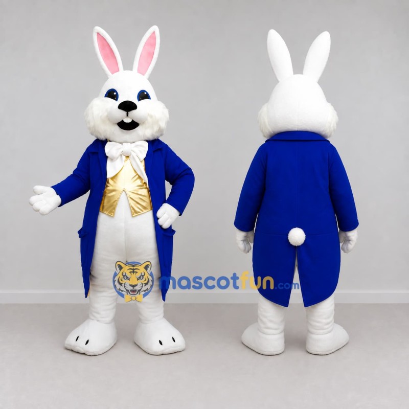 Custom White Blue and Gold Rabbit in Tailcoat Mascot Costume Adult Full Body Suit for Easter Events Custom White Blue and Gold Rabbit in Tailcoat Mascot Costume Adult Full Body Suit for Easter Events