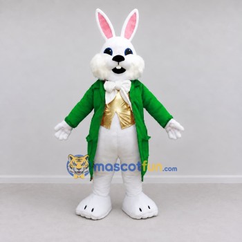 Custom White Green and Gold Rabbit in Tailcoat Mascot Costume Adult Full Body Suit for Easter Events Custom White Green and Gold Rabbit in Tailcoat Mascot Costume Adult Full Body Suit for Easter Events