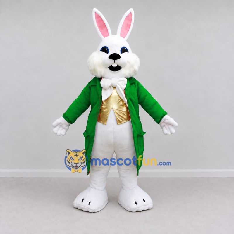 Custom White Green and Gold Rabbit in Tailcoat Mascot Costume Adult Full Body Suit for Easter Events Custom White Green and Gold Rabbit in Tailcoat Mascot Costume Adult Full Body Suit for Easter Events