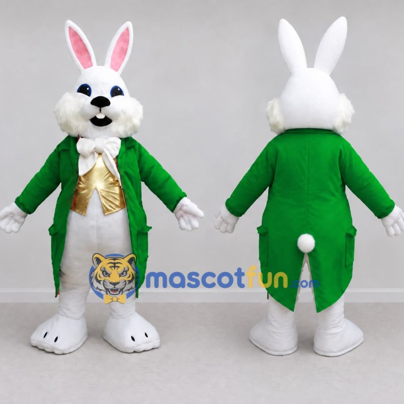 Custom White Green and Gold Rabbit in Tailcoat Mascot Costume Adult Full Body Suit for Easter Events Custom White Green and Gold Rabbit in Tailcoat Mascot Costume Adult Full Body Suit for Easter Events