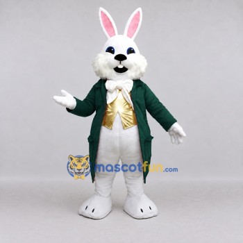 Custom White Dark Green and Gold Rabbit in Tailcoat Mascot Costume Adult Full Body Suit for Easter Events Custom White Dark Green and Gold Rabbit in Tailcoat Mascot Costume Adult Full Body Suit for Easter Events