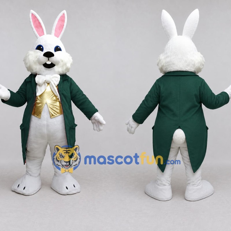 Custom White Dark Green and Gold Rabbit in Tailcoat Mascot Costume Adult Full Body Suit for Easter Events Custom White Dark Green and Gold Rabbit in Tailcoat Mascot Costume Adult Full Body Suit for Easter Events