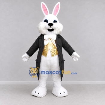Custom White Black and Gold Rabbit in Tailcoat Mascot Costume Adult Full Body Suit for Easter Events Custom White Black and Gold Rabbit in Tailcoat Mascot Costume Adult Full Body Suit for Easter Events