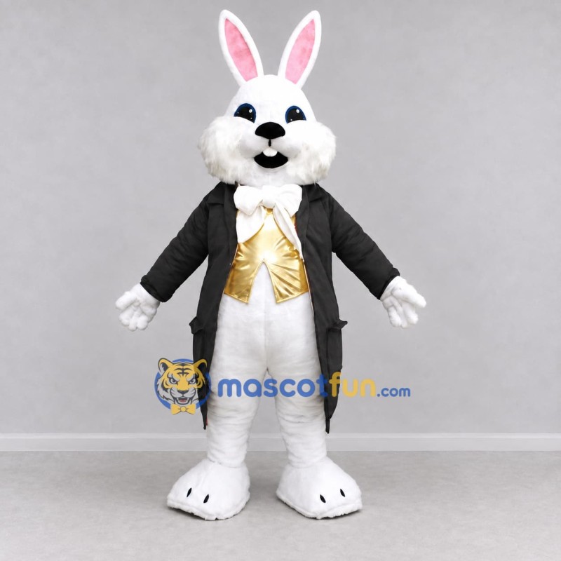 Custom White Black and Gold Rabbit in Tailcoat Mascot Costume Adult Full Body Suit for Easter Events Custom White Black and Gold Rabbit in Tailcoat Mascot Costume Adult Full Body Suit for Easter Events