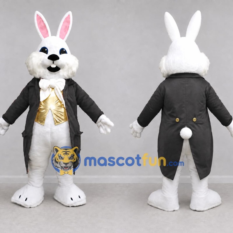 Custom White Black and Gold Rabbit in Tailcoat Mascot Costume Adult Full Body Suit for Easter Events Custom White Black and Gold Rabbit in Tailcoat Mascot Costume Adult Full Body Suit for Easter Events