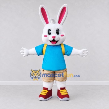 Custom White Blue and Tan Rabbit in T-Shirt Mascot Costume Adult Full Body Suit for School Events