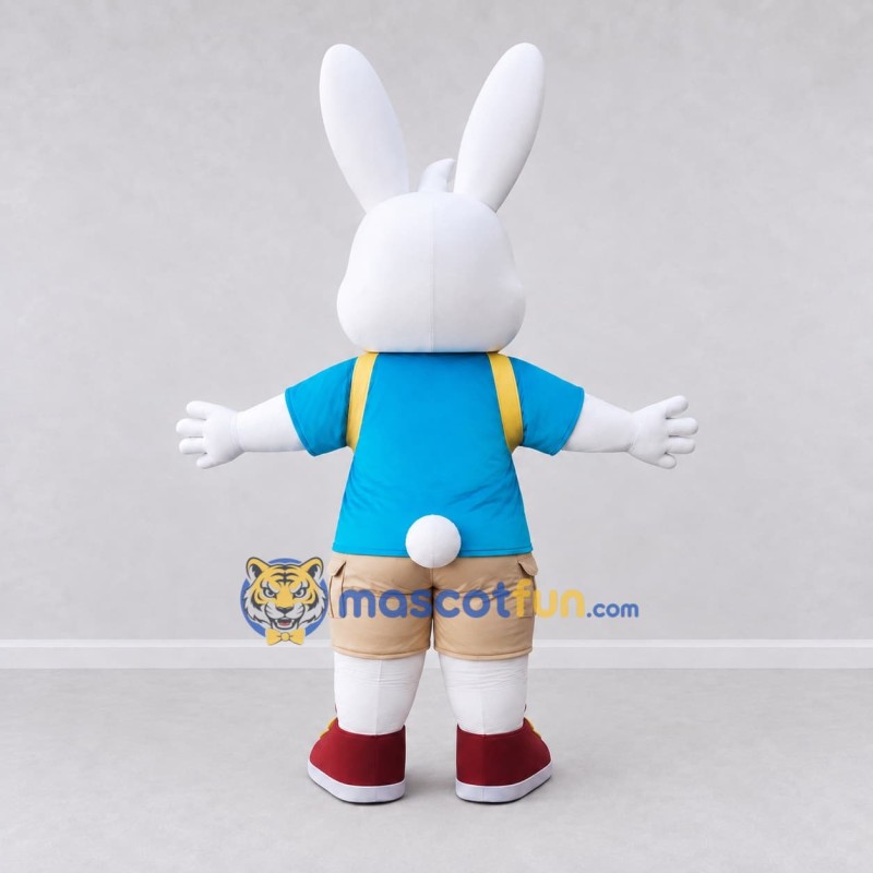 Custom White Blue and Tan Rabbit in T-Shirt Mascot Costume Adult Full Body Suit for School Events Custom White Blue and Tan Rabbit in T-Shirt Mascot Costume Adult Full Body Suit for School Events