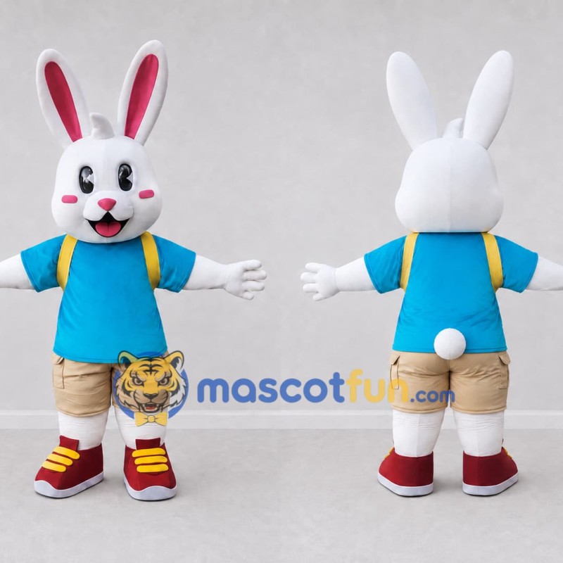Custom White Blue and Tan Rabbit in T-Shirt Mascot Costume Adult Full Body Suit for School Events Custom White Blue and Tan Rabbit in T-Shirt Mascot Costume Adult Full Body Suit for School Events