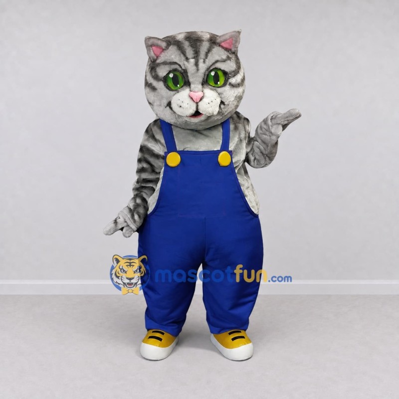 Custom Gray and Blue Tabby Cat in Overalls Mascot Costume Adult Full Body Suit for Children's Parties Custom Gray and Blue Tabby Cat in Overalls Mascot Costume Adult Full Body Suit for Children's Parties