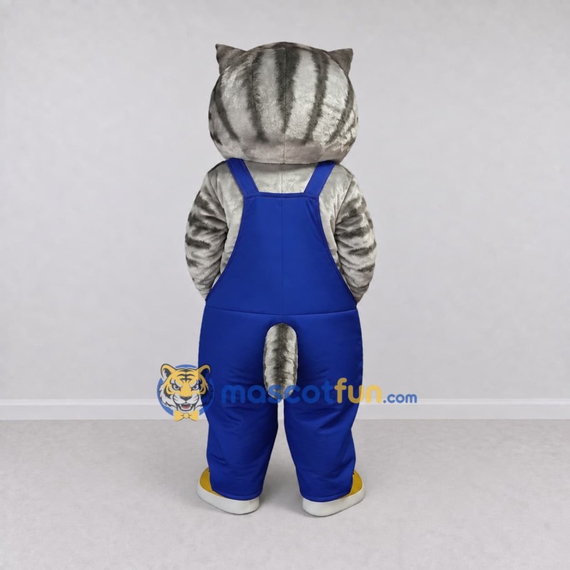Custom Gray and Blue Tabby Cat in Overalls Mascot Costume Adult Full Body Suit for Children's Parties Custom Gray and Blue Tabby Cat in Overalls Mascot Costume Adult Full Body Suit for Children's Parties