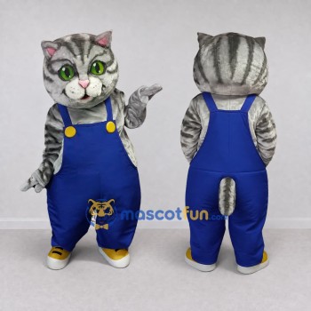 Custom Gray and Blue Tabby Cat in Overalls Mascot Costume Adult Full Body Suit for Children's Parties