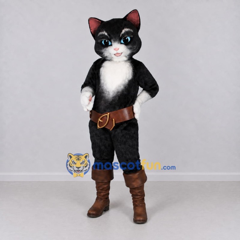 Custom Black White and Brown Cat in Boots Mascot Costume Adult Full Body Suit for Storytelling Events