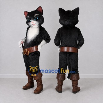 Custom Black White and Brown Cat in Boots Mascot Costume Adult Full Body Suit for Storytelling Events