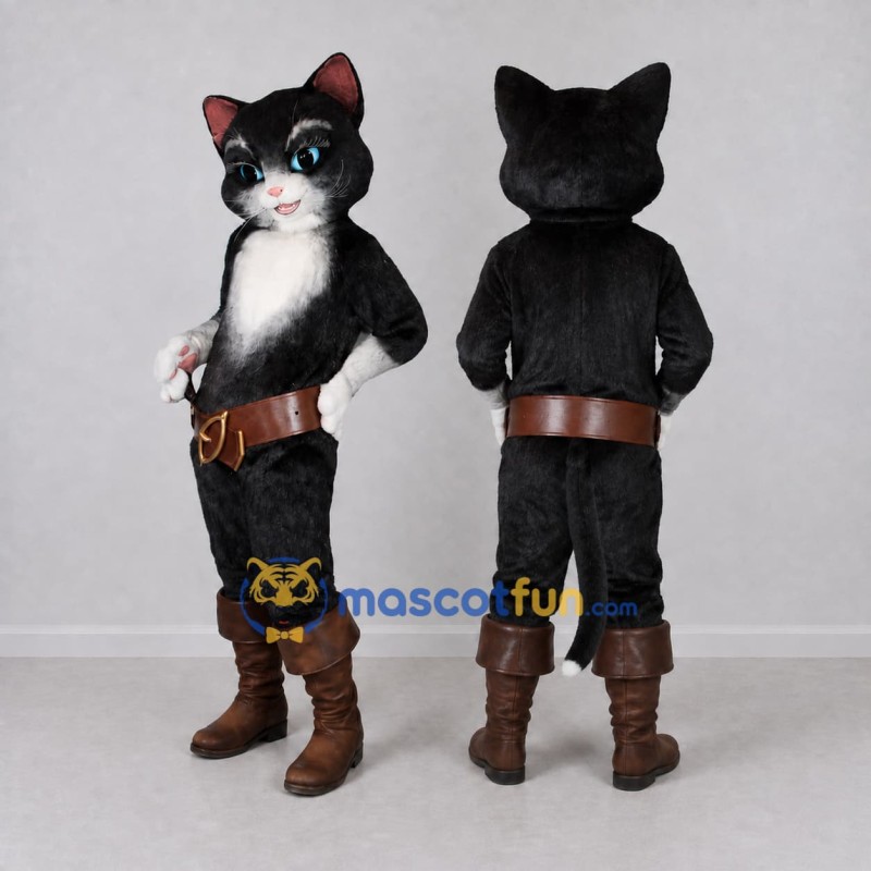 Custom Black White and Brown Cat in Boots Mascot Costume Adult Full Body Suit for Storytelling Events
