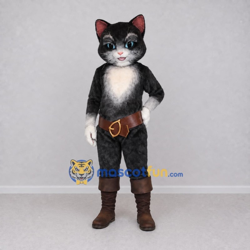 Custom Black White and Brown Cat in Boots Mascot Costume Adult Full Body Suit for Storytelling Events