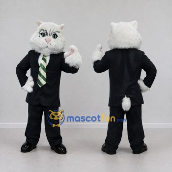 Custom White and Black Cat in Business Suit Mascot Costume Adult Full Body Suit for Corporate Events