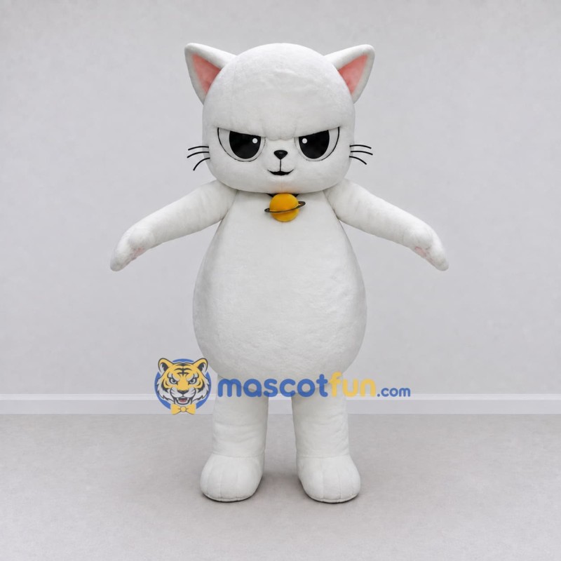 Custom White Cat with Bell Mascot Costume Adult Full Body Suit for Pet Events Custom White Cat with Bell Mascot Costume Adult Full Body Suit for Pet Events