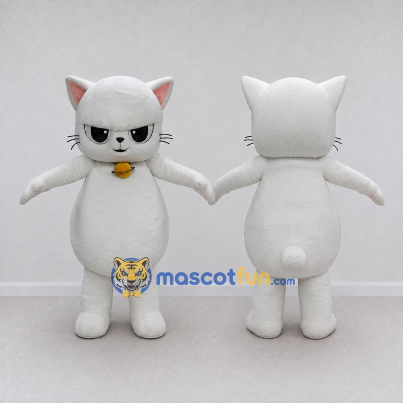 Custom White Cat with Bell Mascot Costume Adult Full Body Suit for Pet Events Custom White Cat with Bell Mascot Costume Adult Full Body Suit for Pet Events