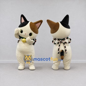 Custom White Black and Brown Calico Cat with Bell Mascot Costume Adult Full Body Suit for Store Openings