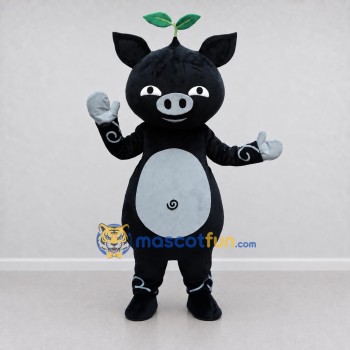 Custom Black and Gray Pig with Leaf Sprout Mascot Costume Adult Full Body Suit for Farm Events Custom Black and Gray Pig with Leaf Sprout Mascot Costume Adult Full Body Suit for Farm Events