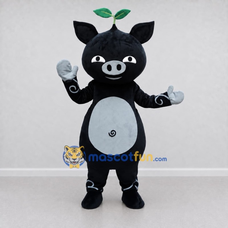 Custom Black and Gray Pig with Leaf Sprout Mascot Costume Adult Full Body Suit for Farm Events Custom Black and Gray Pig with Leaf Sprout Mascot Costume Adult Full Body Suit for Farm Events