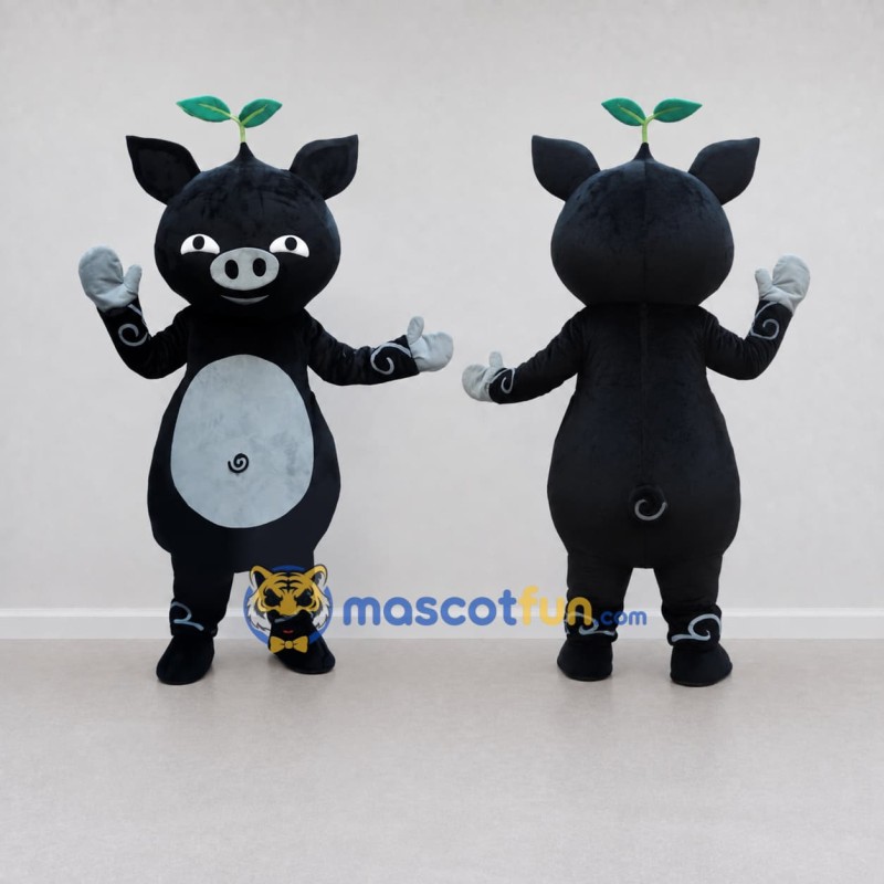 Custom Black and Gray Pig with Leaf Sprout Mascot Costume Adult Full Body Suit for Farm Events Custom Black and Gray Pig with Leaf Sprout Mascot Costume Adult Full Body Suit for Farm Events