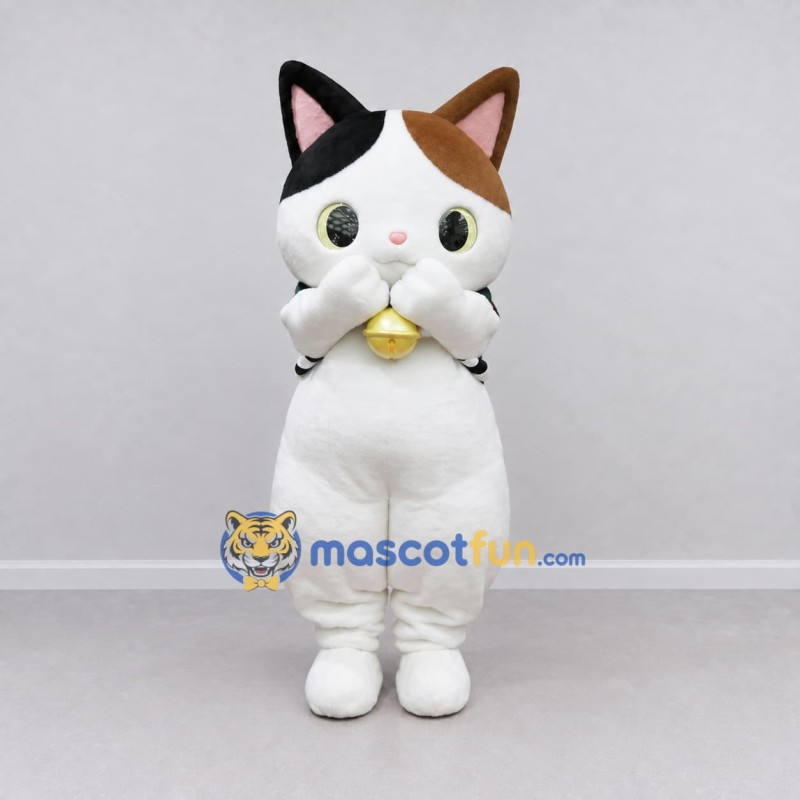 Custom White Black and Brown Calico Cat with Bell Mascot Costume Adult Full Body Suit for Store Openings Custom White Black and Brown Calico Cat with Bell Mascot Costume Adult Full Body Suit for Store Openings