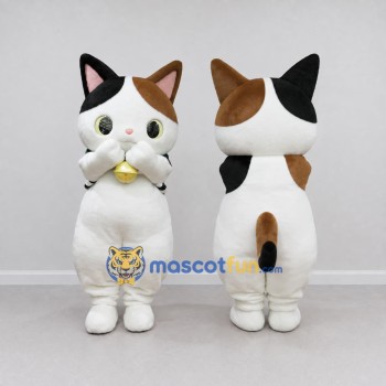 Custom White Black and Brown Calico Cat with Bell Mascot Costume Adult Full Body Suit for Store Openings