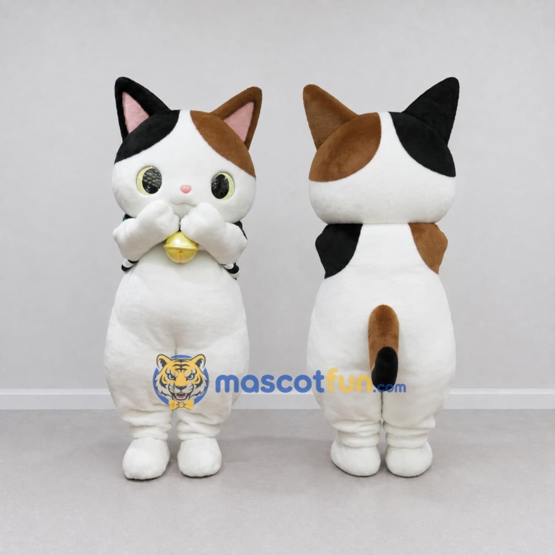 Custom White Black and Brown Calico Cat with Bell Mascot Costume Adult Full Body Suit for Store Openings Custom White Black and Brown Calico Cat with Bell Mascot Costume Adult Full Body Suit for Store Openings