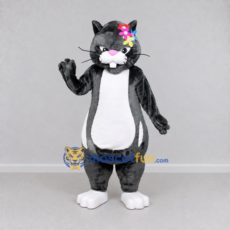 Custom Dark Gray and White Cat with Flowers Mascot Costume Adult Full Body Suit for Children's Parties