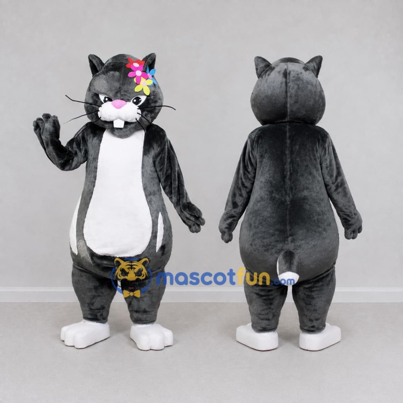 Custom Dark Gray and White Cat with Flowers Mascot Costume Adult Full Body Suit for Children's Parties