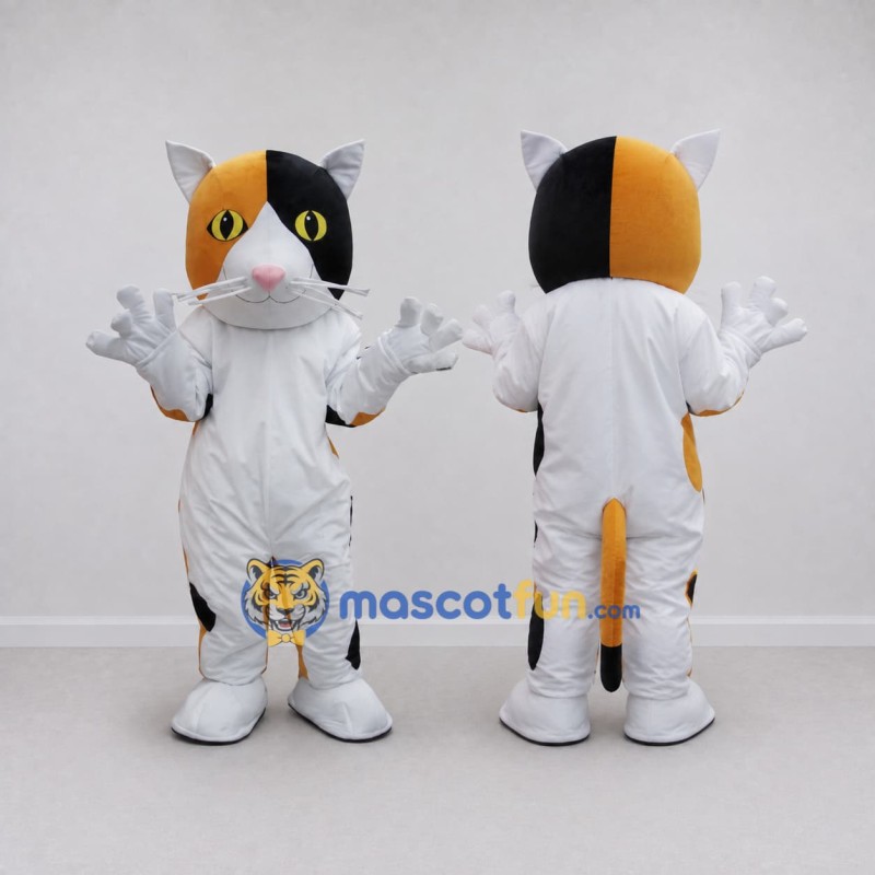 Custom White Orange and Black Calico Cat Mascot Costume Adult Full Body Suit for Pet Events Custom White Orange and Black Calico Cat Mascot Costume Adult Full Body Suit for Pet Events