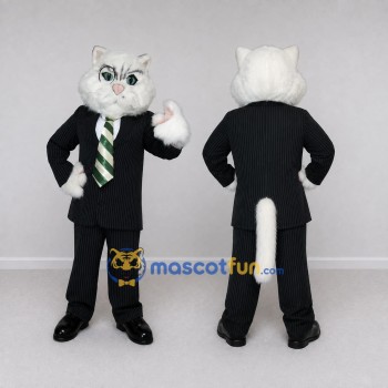 Custom White and Black Cat in Business Suit Mascot Costume Adult Full Body Suit for Corporate Events