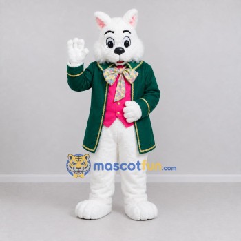Custom White and Green Cat in Coat Mascot Costume Adult Full Body Suit for Themed Parties Custom White and Green Cat in Coat Mascot Costume Adult Full Body Suit for Themed Parties