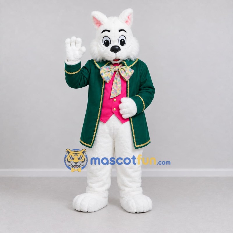 Custom White and Green Cat in Coat Mascot Costume Adult Full Body Suit for Themed Parties Custom White and Green Cat in Coat Mascot Costume Adult Full Body Suit for Themed Parties