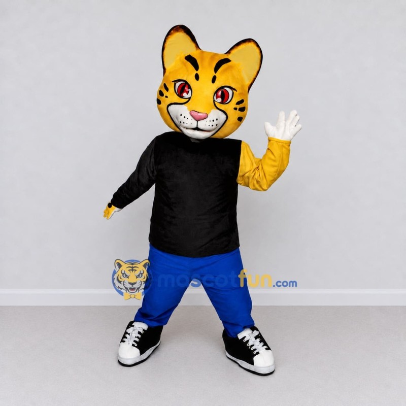 Custom Yellow Black and Blue Spotted Cat in T-Shirt Mascot Costume Adult Full Body Suit for School Events Custom Yellow Black and Blue Spotted Cat in T-Shirt Mascot Costume Adult Full Body Suit for School Events