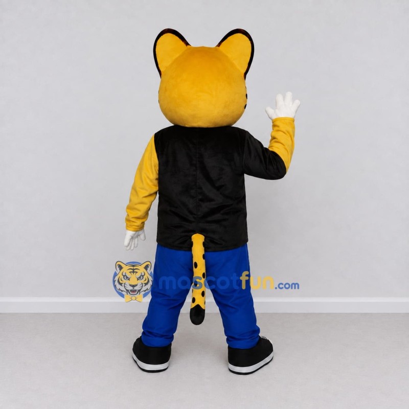 Custom Yellow Black and Blue Spotted Cat in T-Shirt Mascot Costume Adult Full Body Suit for School Events Custom Yellow Black and Blue Spotted Cat in T-Shirt Mascot Costume Adult Full Body Suit for School Events