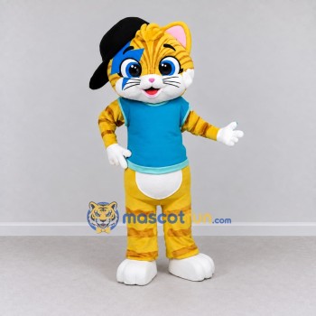 Custom Yellow and Turquoise Tabby Cat in T-Shirt Mascot Costume Adult Full Body Suit for School Events