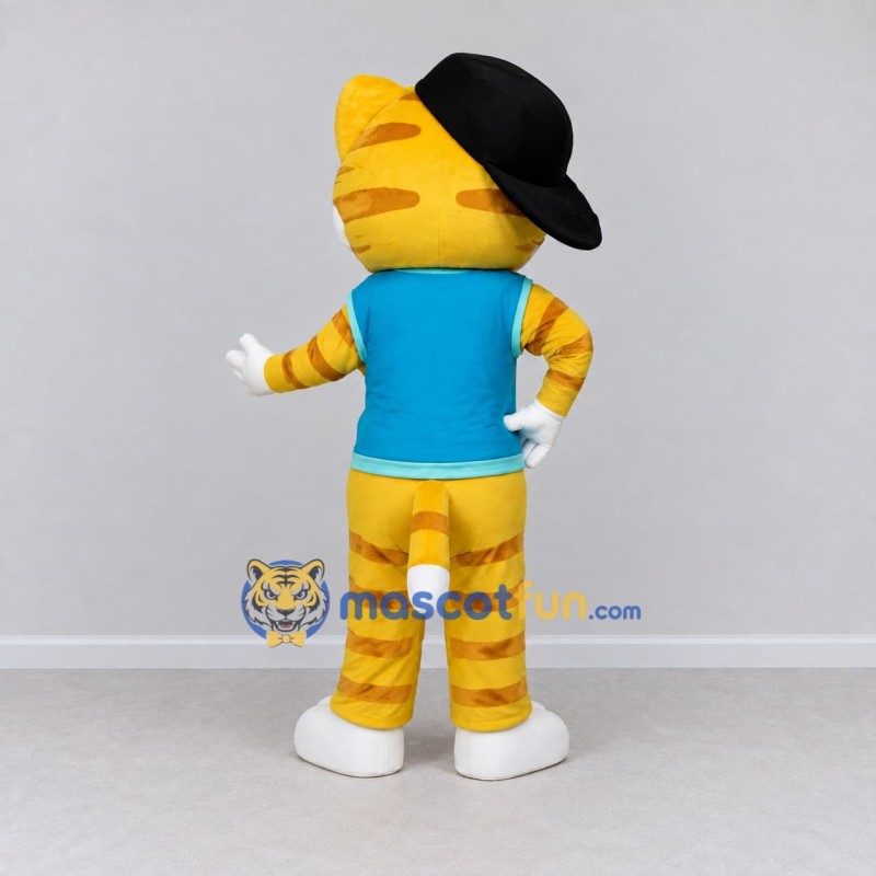 Custom Yellow and Turquoise Tabby Cat in T-Shirt Mascot Costume Adult Full Body Suit for School Events Custom Yellow and Turquoise Tabby Cat in T-Shirt Mascot Costume Adult Full Body Suit for School Events