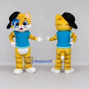 Custom Yellow and Turquoise Tabby Cat in T-Shirt Mascot Costume Adult Full Body Suit for School Events