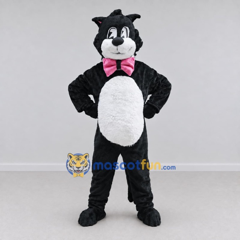 Custom Black White and Pink Cat with Bow Tie Mascot Costume Adult Full Body Suit for Pet Events Custom Black White and Pink Cat with Bow Tie Mascot Costume Adult Full Body Suit for Pet Events