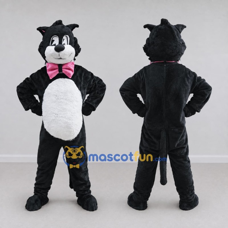 Custom Black White and Pink Cat with Bow Tie Mascot Costume Adult Full Body Suit for Pet Events Custom Black White and Pink Cat with Bow Tie Mascot Costume Adult Full Body Suit for Pet Events