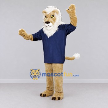 Custom Tan White and Navy Blue Lion in T-Shirt Mascot Costume Adult Full Body Suit for Sports Events