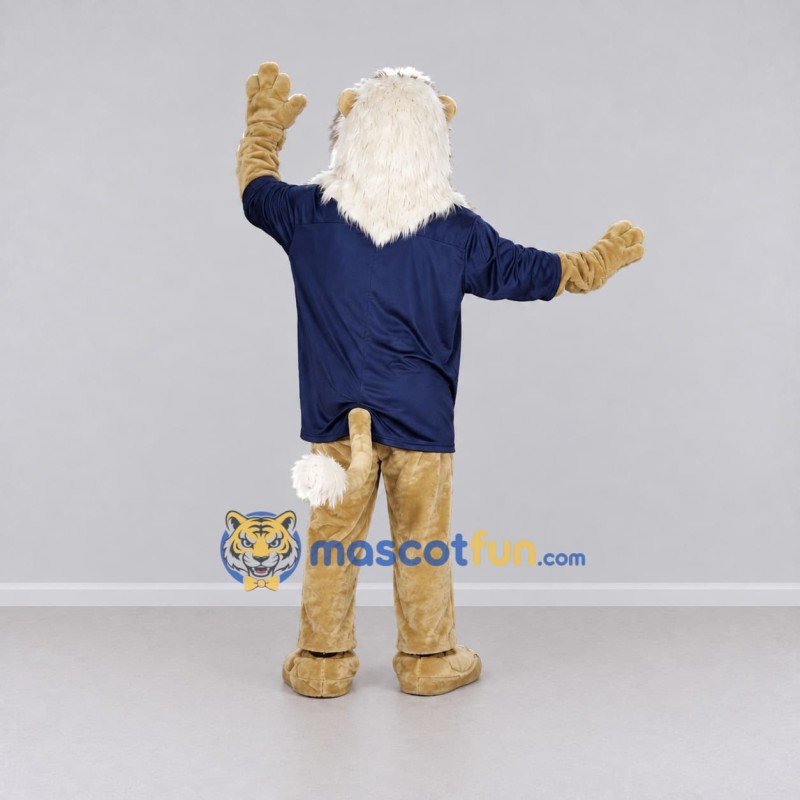 Custom Tan White and Navy Blue Lion in T-Shirt Mascot Costume Adult Full Body Suit for Sports Events Custom Tan White and Navy Blue Lion in T-Shirt Mascot Costume Adult Full Body Suit for Sports Events